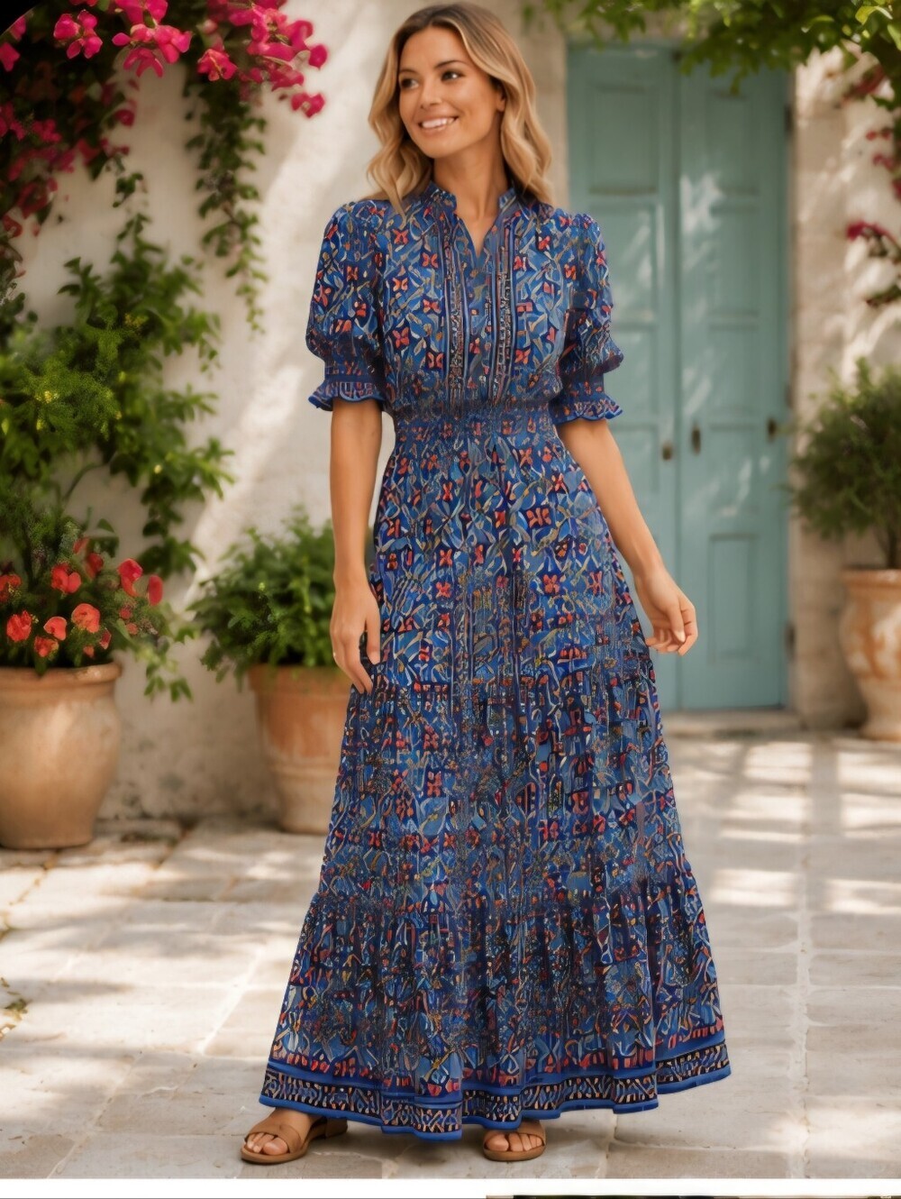 Max Studio New Navy and Coral Patterned Dress Small 1362